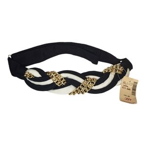 NWT Vtg‎ Saks Fifth Avenue Black White Gold Metal Adjustable Fabric Braided Belt